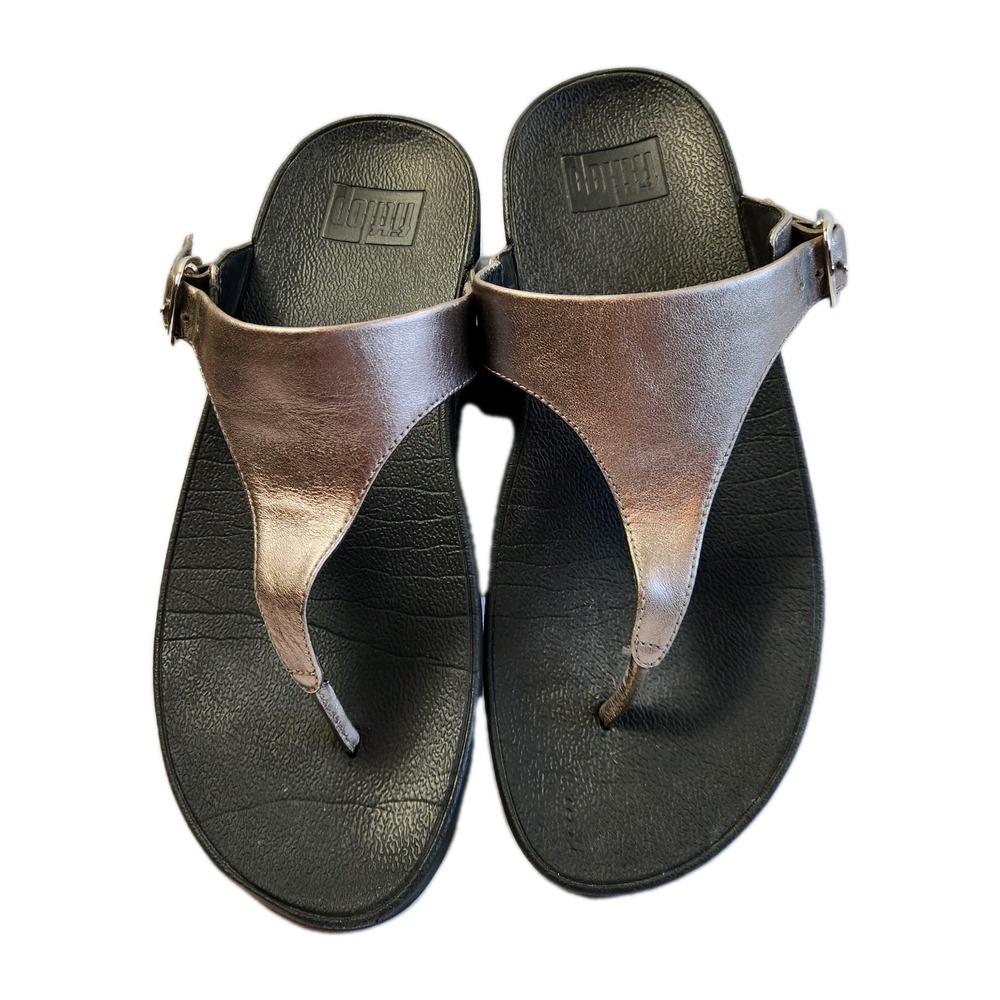 FitFlop Sandals Womens Sz 8 Lulu Gold Thongs‎ Black Toe-Post Comfort Wedge Shoes